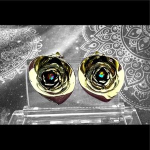 Vintage Silver-tone Floral Clip Earrings w/Red Aurora Borealis Rhinestone’s